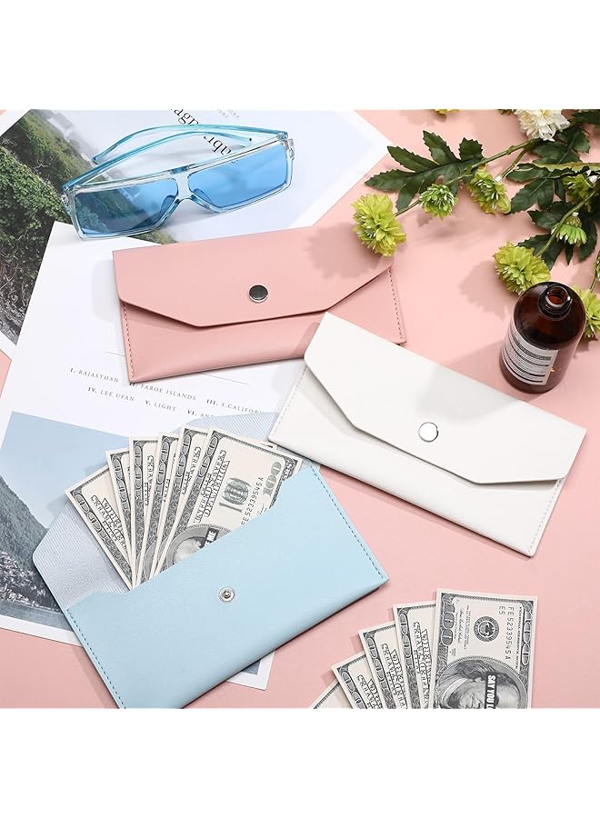 erorex 3 Pieces Cash Envelopes Bag Pu Leather Cash Money Pouch Cash Wallet Envelope Reusable For Spring Festival Wedding Birthday Graduation Holidays Blue White Pink  - Image 2