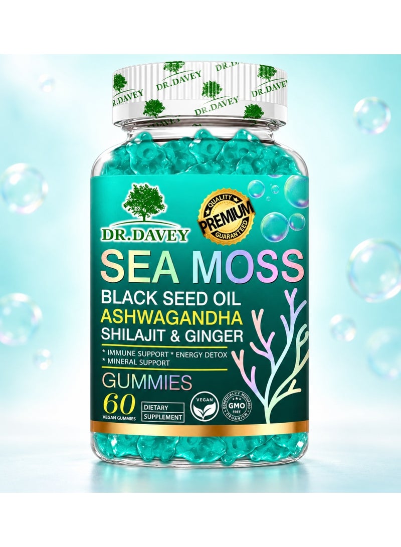 DR. DAVEY DR.DAVEY Sea Moss Gummies with Black Seed Oil Ashwagandha Shilajit & Ginger, 60 Vegan Gummies - Image 1