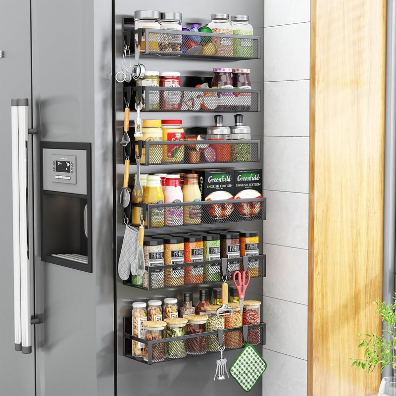 Aufworld Magnetic Spice Rack for Refrigerator, 6 Pack Magnetic Shelf, Fridge Magnet Organizer with Moveable 12 Hooks, Magnetic Fridge Shelf for Kitchen Organization and Storage (6 Pack) - Image 1