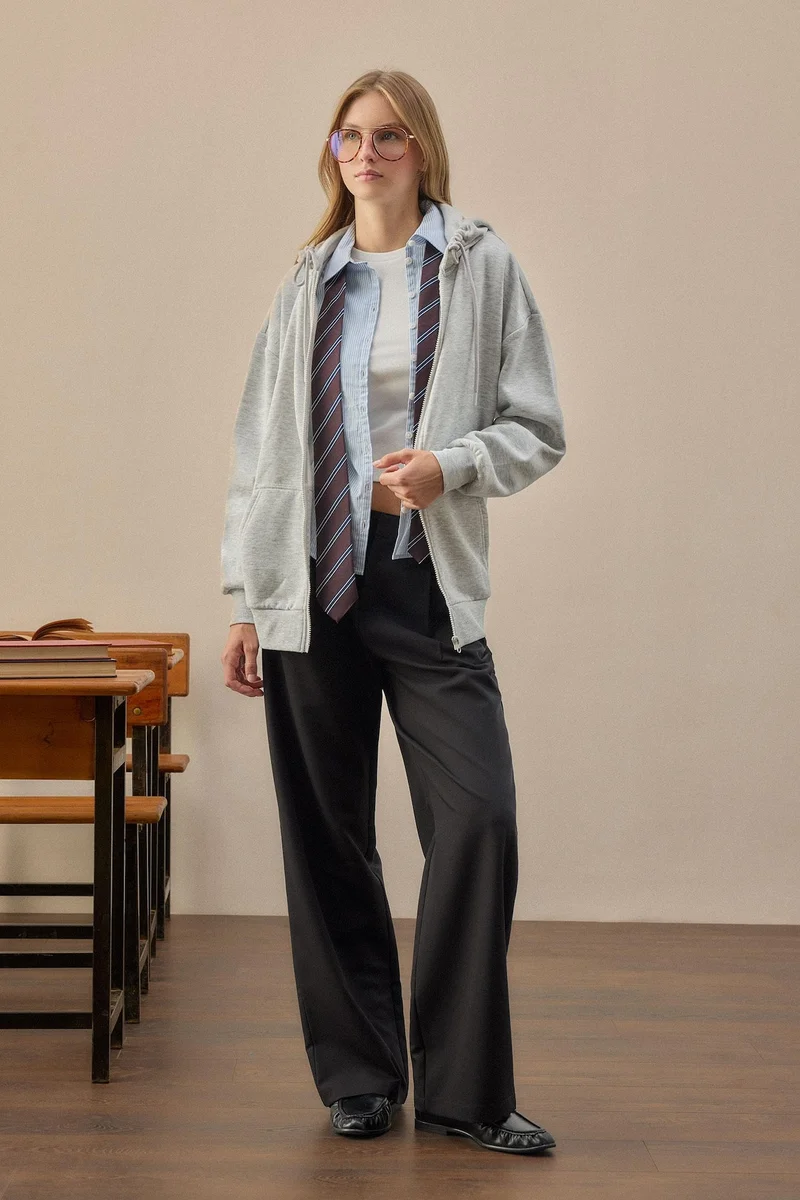 Defacto Oversize Fit Hooded Thick Sweatshirt Fabric Cardigan