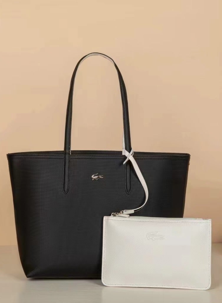 LACOSTE Lacoste Women's Reversible Two-Tone Large Capacity Tote, Fashionable and Versatile, Black/Silver  - Image 1