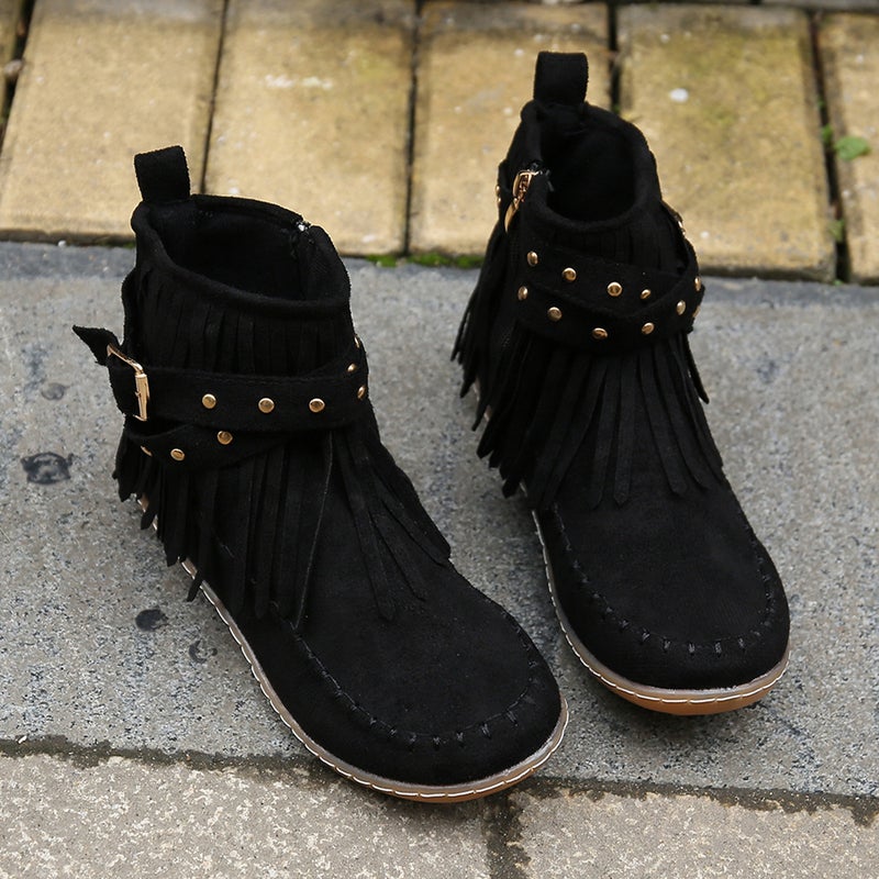 Plus Size Tassel Flat Boots 2023 Belt Buckle Liudin Martin Boots Suede Casual Short - Image 5
