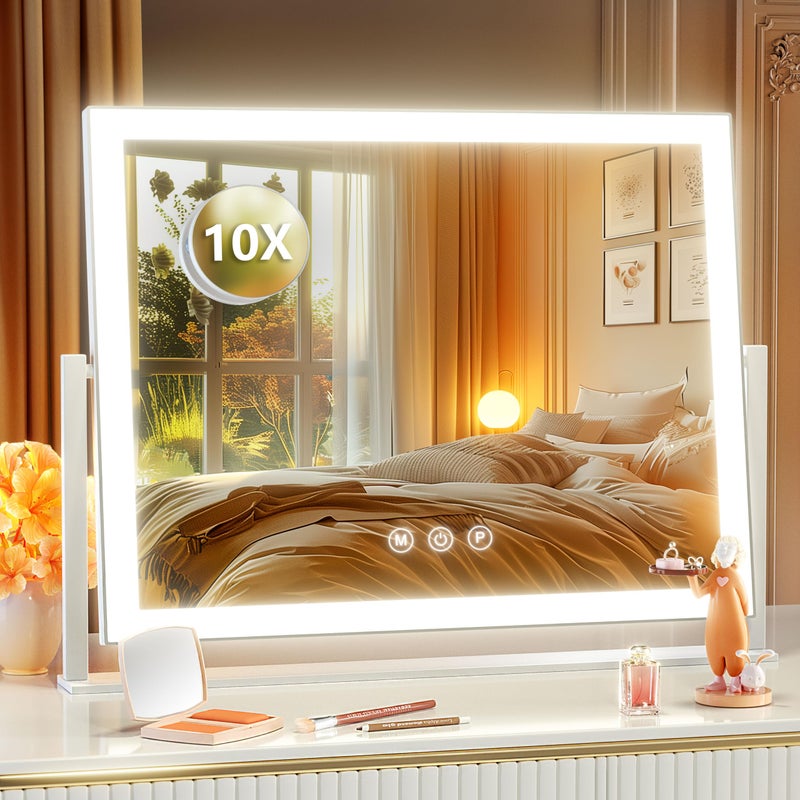 Gvnkvn مرآة مكياج مضاءة من غفينكفن، 17.3"x13" مرآة هوليوود مع أضواء LED، ثلاثة أوضاع إضاءة، ومرآة تكبير 10X، تحكم باللمس الذكي، دوران 360° (أبيض، صندوق هدايا) - Image 1