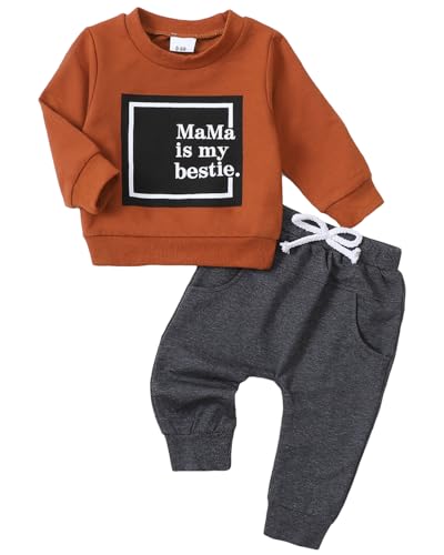 Yvowming Baby Boy Clothes Fall Clothes Truck Print Long Sleeve Pullover Tops + Pant Sets Toddler Winter Outfits (Brown, 0-6 Months) - Image 1