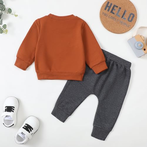 Yvowming Baby Boy Clothes Fall Clothes Truck Print Long Sleeve Pullover Tops + Pant Sets Toddler Winter Outfits (Brown, 0-6 Months) - Image 2