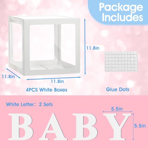 Lovelite Baby Boxes with Letters for Baby Shower, 4 Transparent Balloon Boxes with 2 Sets BABY Letters for Gender Reveal Decorations Boys Girls Birthday Wedding Party Backdrop, White - Image 2