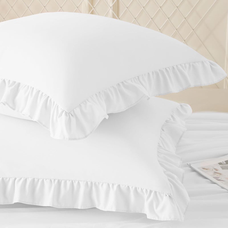 KKJIAF Ruffle Pillow Cases 26x26 Inches, White Square Ruffled Pillow Covers Set of 2, Microfiber Wrinkle Resistant Pillow Shams with Envelope Closure for Sofa Bed Living Room - Image 2