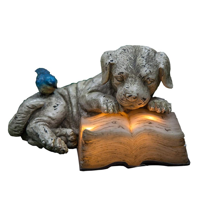Topadorn Resin Dog Statue Solar Power Outdoor Statuary Cute Puppy for Garden Decoration, Dog Read a Book - Image 1