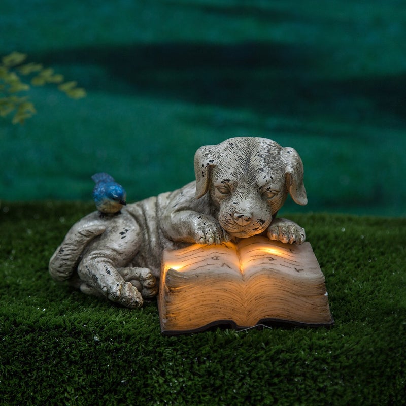 Topadorn Resin Dog Statue Solar Power Outdoor Statuary Cute Puppy for Garden Decoration, Dog Read a Book - Image 2