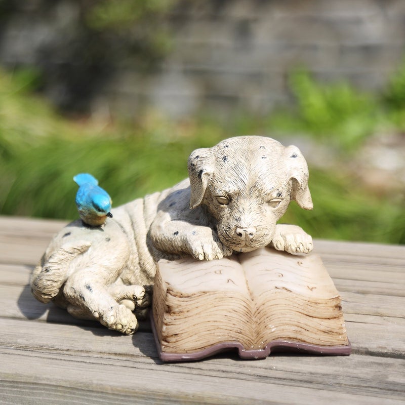 Topadorn Resin Dog Statue Solar Power Outdoor Statuary Cute Puppy for Garden Decoration, Dog Read a Book - Image 3
