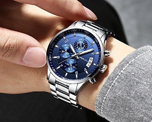 CRRJU Men's Luxury Wristwatches,Fashion Stainsteel Steel Waterproof Date Quartz Watch for Men Six-pin Chronograph Watch (Silver Blue) - Image 5