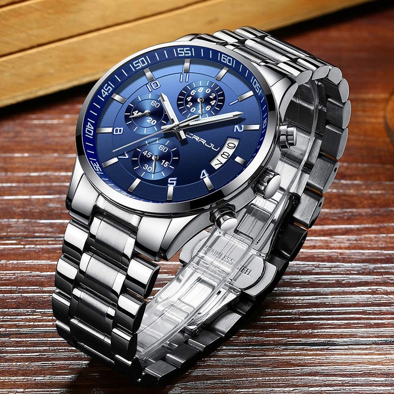 CRRJU Men's Luxury Wristwatches,Fashion Stainsteel Steel Waterproof Date Quartz Watch for Men Six-pin Chronograph Watch (Silver Blue) - Image 3