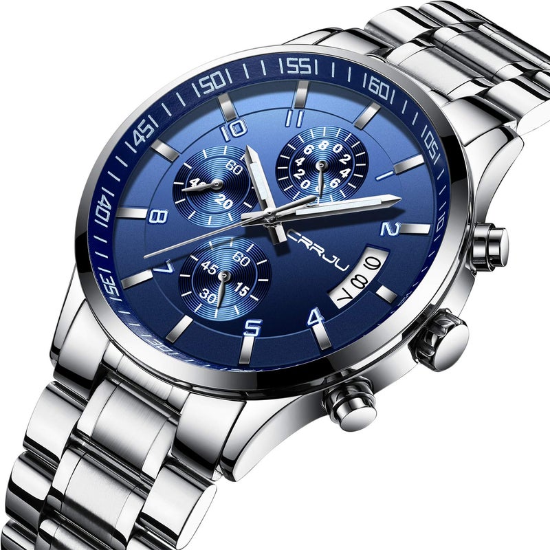 CRRJU Men's Luxury Wristwatches,Fashion Stainsteel Steel Waterproof Date Quartz Watch for Men Six-pin Chronograph Watch (Silver Blue) - Image 2
