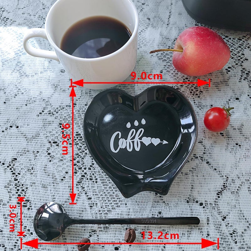 PFCTRJR Heart-shaped Coffee Spoon Rest, Mini Coffee Spoon Holder, Small Ceramic Spoon Rest for Coffee Stirrers, Teaspoon, Bar Spoon, Coffee Bar Accessories, Coffee Station (Ture black+black Spoon) - Image 5