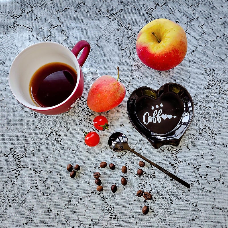 PFCTRJR Heart-shaped Coffee Spoon Rest, Mini Coffee Spoon Holder, Small Ceramic Spoon Rest for Coffee Stirrers, Teaspoon, Bar Spoon, Coffee Bar Accessories, Coffee Station (Ture black+black Spoon) - Image 2