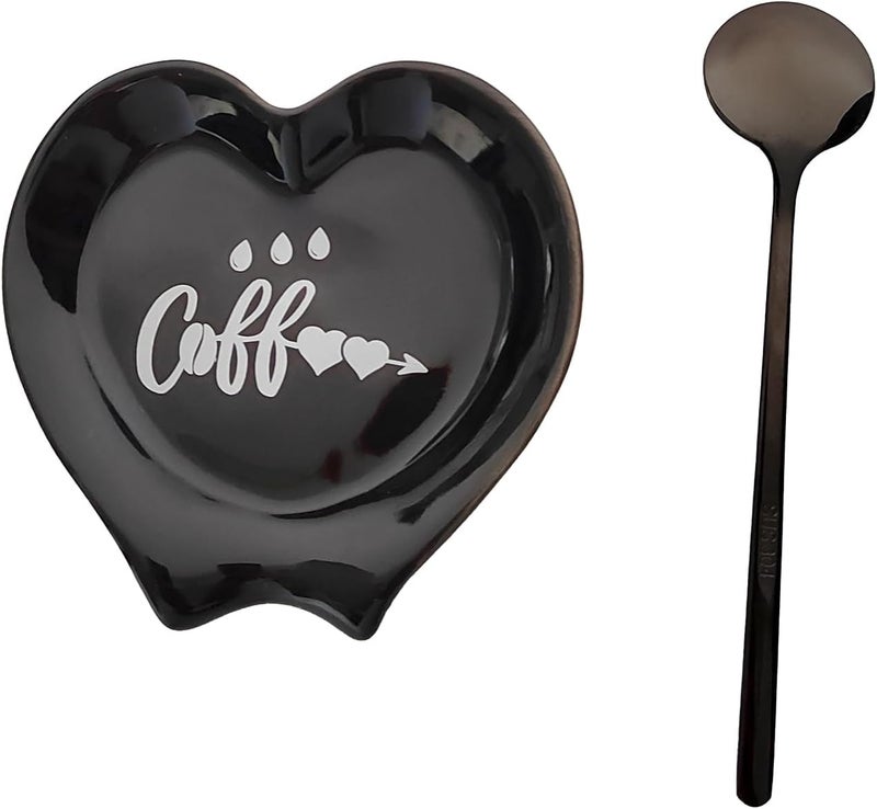 PFCTRJR Heart-shaped Coffee Spoon Rest, Mini Coffee Spoon Holder, Small Ceramic Spoon Rest for Coffee Stirrers, Teaspoon, Bar Spoon, Coffee Bar Accessories, Coffee Station (Ture black+black Spoon) - Image 1