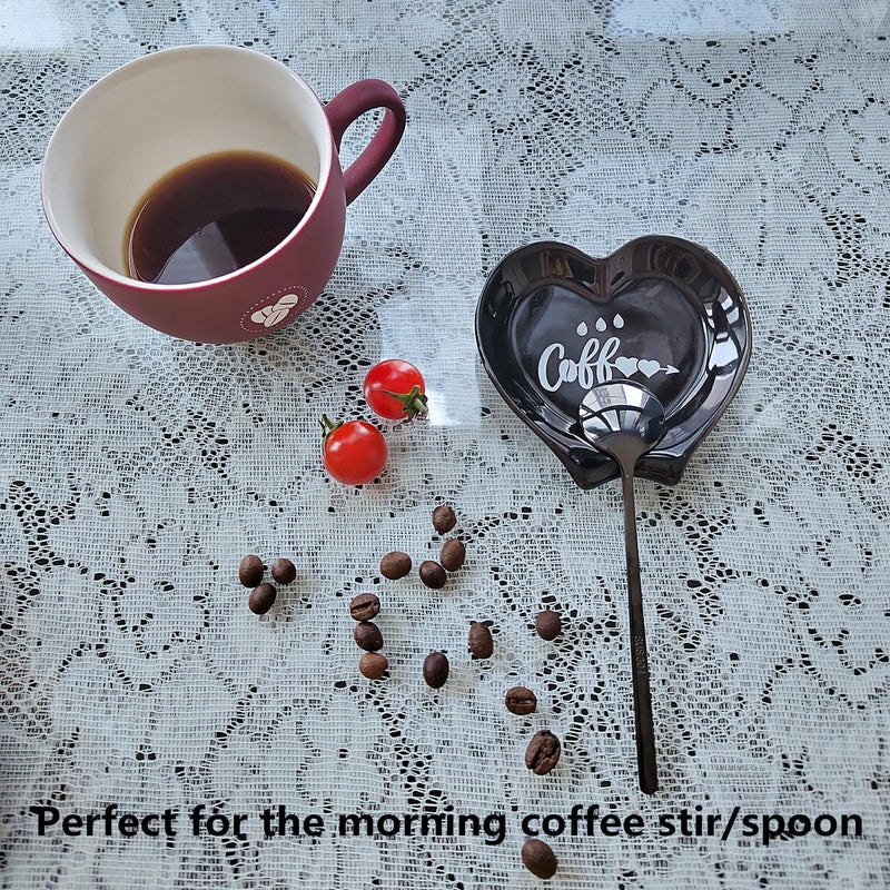 PFCTRJR Heart-shaped Coffee Spoon Rest, Mini Coffee Spoon Holder, Small Ceramic Spoon Rest for Coffee Stirrers, Teaspoon, Bar Spoon, Coffee Bar Accessories, Coffee Station (Ture black+black Spoon) - Image 4
