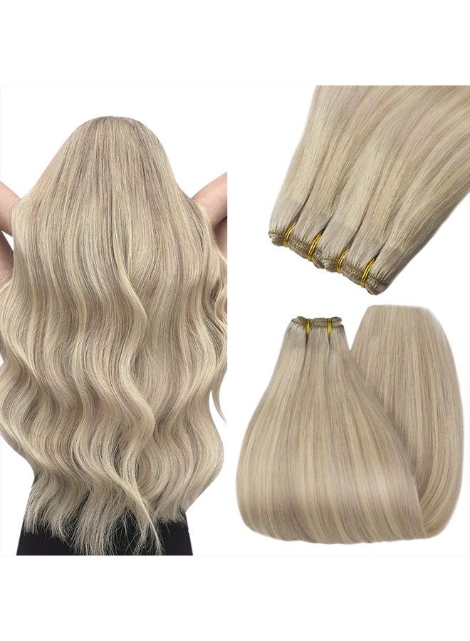 YoungSee Blonde Sew in Hair Extensions Real Human Hair 14inch Weft Hair Extensions Human Hair Ash Blonde with Blonde Highlights Sew in Hair Extensions 100g Remy Weft Hair Extensions Sew in Hair Bundle - Image 1