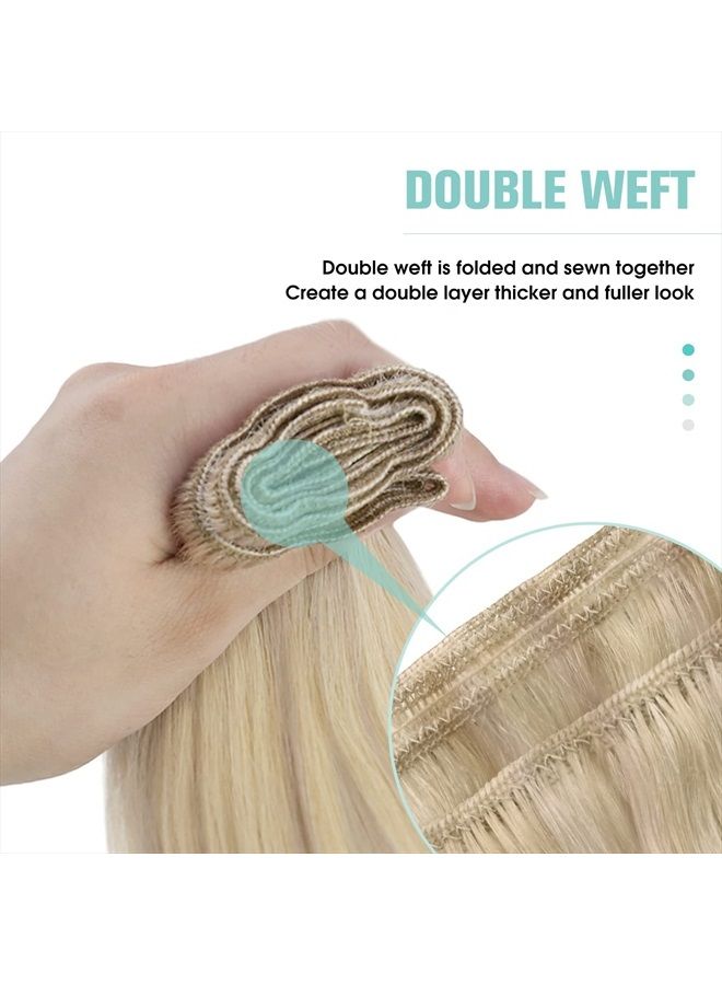YoungSee Blonde Sew in Hair Extensions Real Human Hair 14inch Weft Hair Extensions Human Hair Ash Blonde with Blonde Highlights Sew in Hair Extensions 100g Remy Weft Hair Extensions Sew in Hair Bundle - Image 4