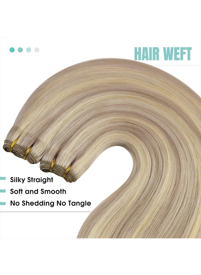 YoungSee Blonde Sew in Hair Extensions Real Human Hair 14inch Weft Hair Extensions Human Hair Ash Blonde with Blonde Highlights Sew in Hair Extensions 100g Remy Weft Hair Extensions Sew in Hair Bundle - Image 3