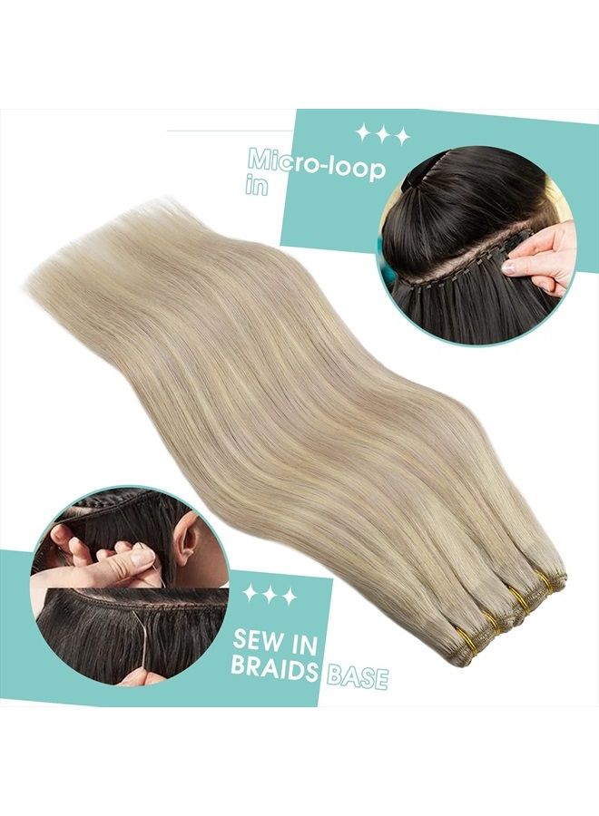 YoungSee Blonde Sew in Hair Extensions Real Human Hair 14inch Weft Hair Extensions Human Hair Ash Blonde with Blonde Highlights Sew in Hair Extensions 100g Remy Weft Hair Extensions Sew in Hair Bundle - Image 5