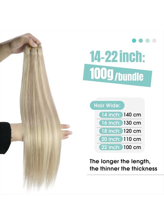 YoungSee Blonde Sew in Hair Extensions Real Human Hair 14inch Weft Hair Extensions Human Hair Ash Blonde with Blonde Highlights Sew in Hair Extensions 100g Remy Weft Hair Extensions Sew in Hair Bundle - Image 2