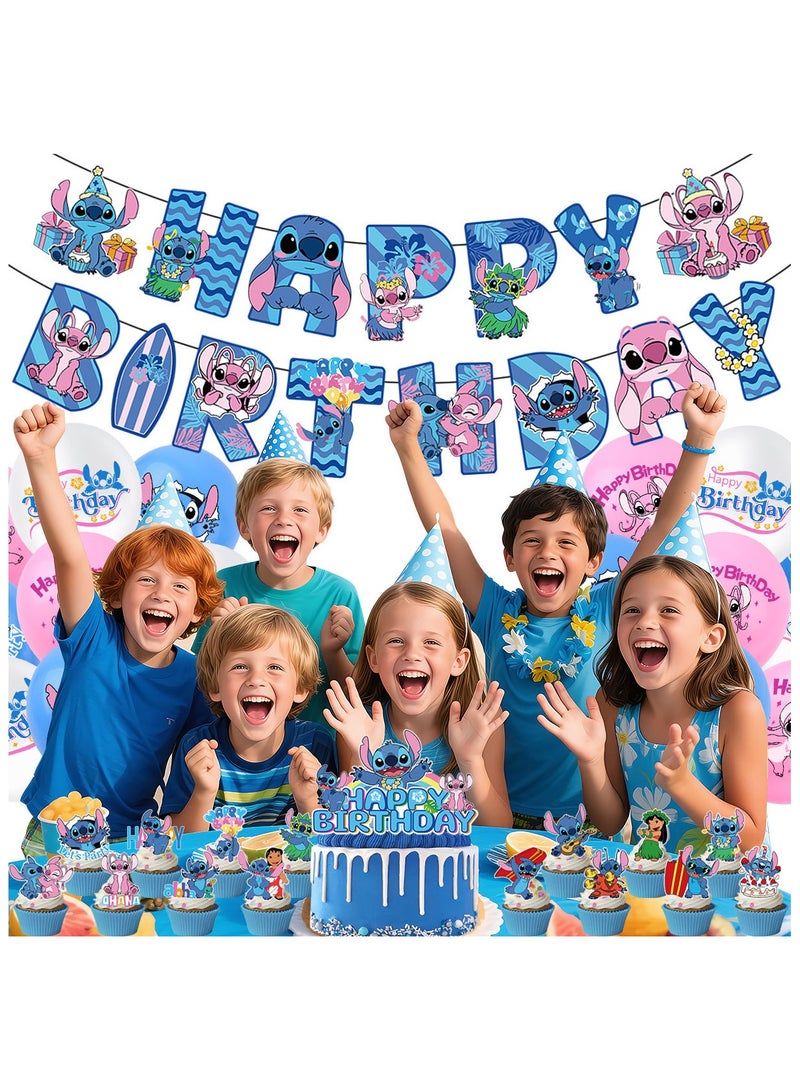 JAYATO Lilo & Stitch Birthday Party Decoration Set Party Supplies, 61 Pcs Lilo & Stitch Cartoon Party Favor for Kids, Boys, Girls, Included Happy Birthday Banner, Cake Decoration, Latex Balloons, Mask - Image 3