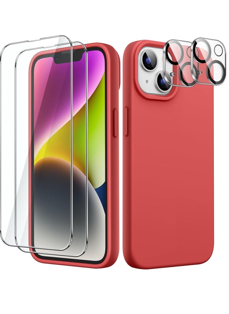 BGM "5-in-1 Silicone Case for iPhone 14 (6.1-Inch) – Red, Includes 2 Screen Protectors & 2 Camera Lens Protectors, Full Coverage Tempered Glass Film, Shockproof Protection" 