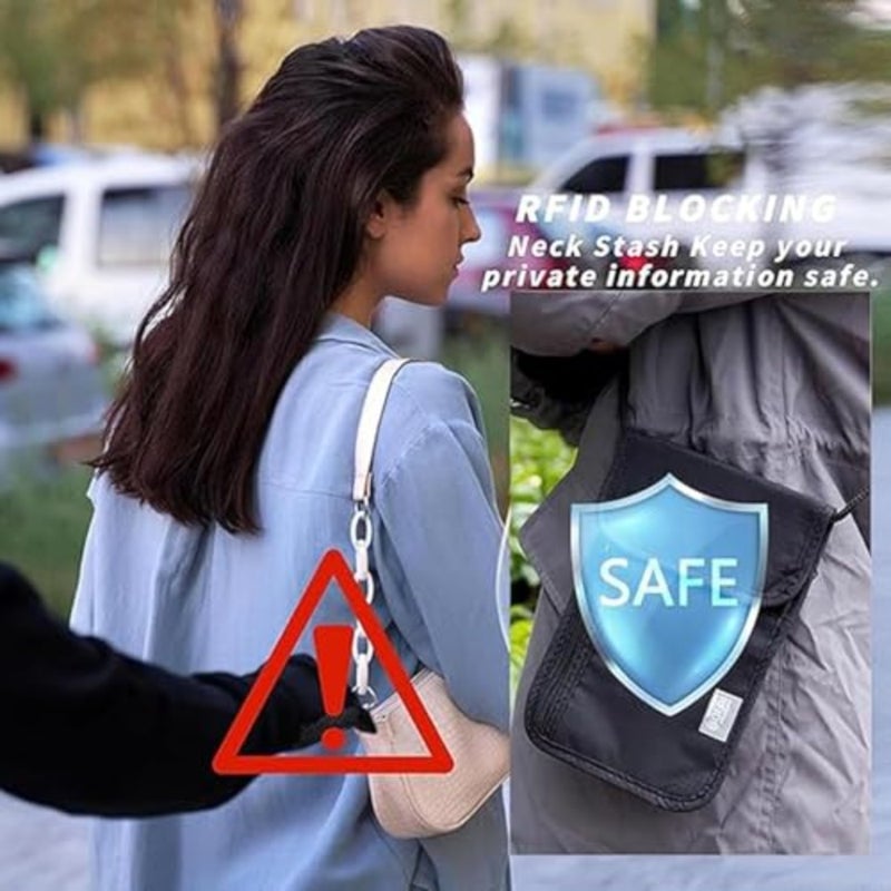 حقائب للرقبة، محفظة سفر مضادة للسرقة تحجب تقنية تحديد الهوية بموجات الراديو، منظم مستندات الصدر باللون الأسود مع حزام قابل للتعديل لجواز السفر والنقود وبطاقات الائتمان - Image 5