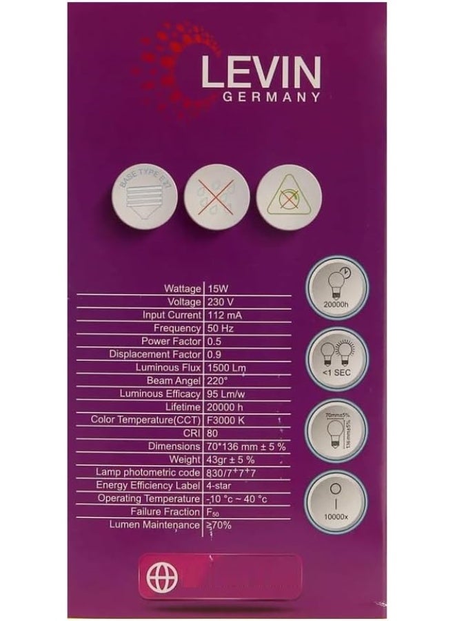 Levin Germany 3000K Led Warm White E27 Screw Type Bulb 15W - Image 3