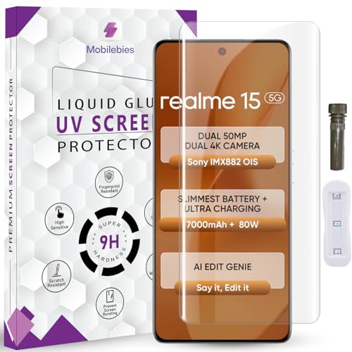 Mobilebies® Advanced HD+ UV Tempered Glass Screen Protector For Realme 15 5G / 15 Pro 5G (6.8 Inch, Pack of 1) Full Adhesive UV Curved Screen Guard, Case Friendly with installation kit & Guide - Image 1