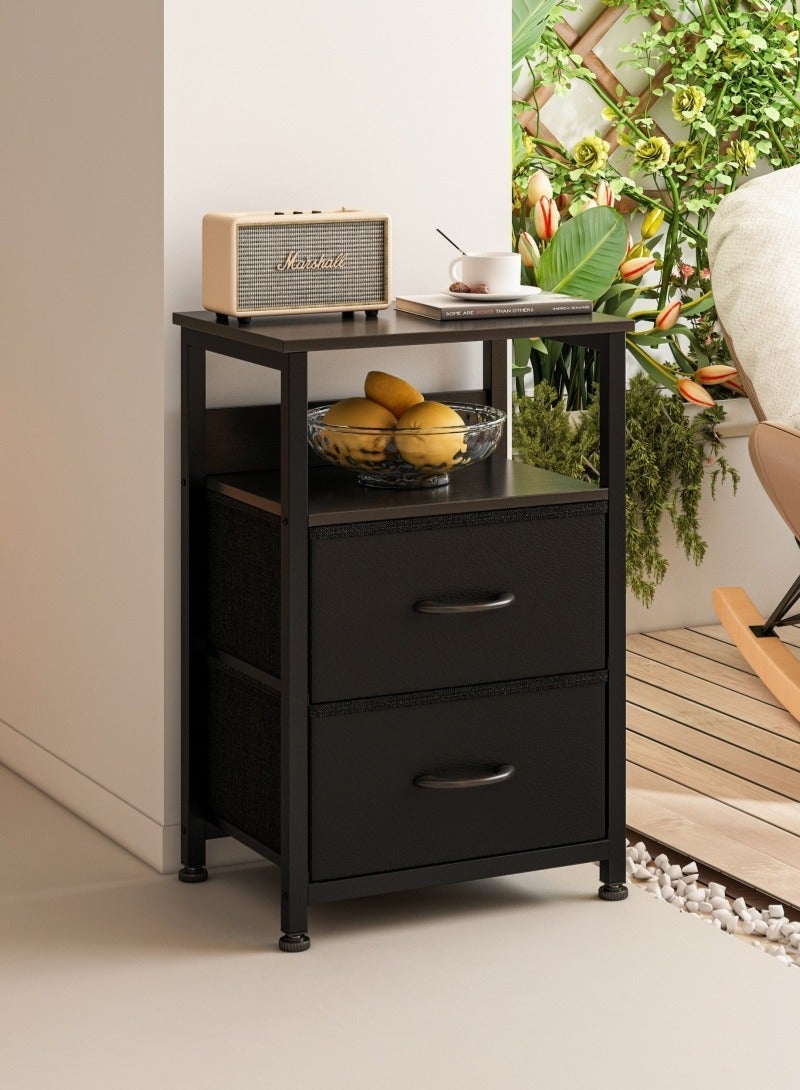 طاولة جانبية من 3 طبقات ، منضدة مع درجتين من القماش والرف المفتوح ، خزانة تخزين متعددة الوظائف لغرفة المعيشة ، غرفة نوم ، مكتب ، 45*30*73 سم ،أسود - Image 1