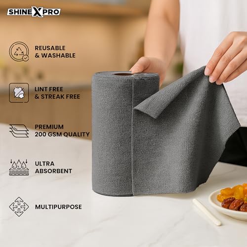 ShineXPro Microfiber Cleaning Cloth Roll, 20Pcs, 4000 Times Washable - 10X Cheaper Than Paper Kitchen Towel Roll - Ultra Absorbent Lint Free Microfiber Cleaning Cloth for Kitchen - Tearable, Reusable - Image 2