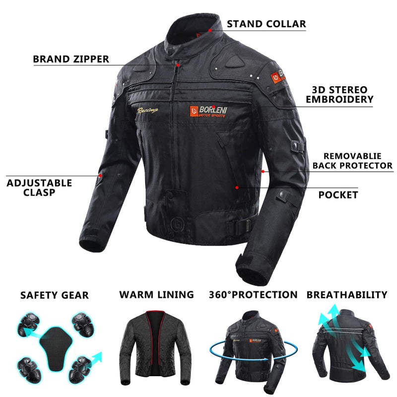 BORLENI Motorcycle Jacket Motorbike Riding Jacket Windproof Motorcycle Full Body Protective Gear CE Approved All Season - Image 4