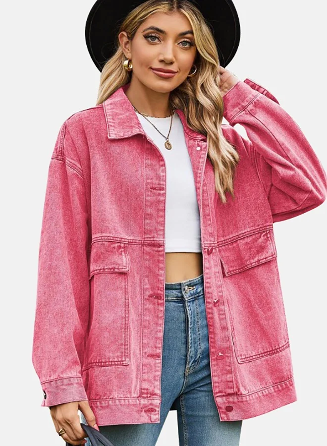 يونيكي Pink Collared Long Sleeve Denim Jacket