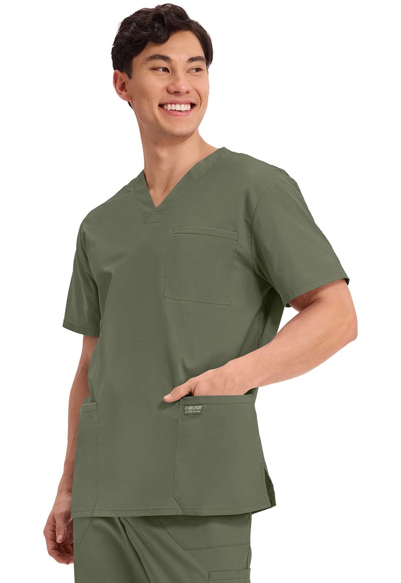 Cherokee Men's V-Neck Top Traditional fit with 4 Pockets, Ultra Soft, Durable, Fade Resistant, 2-Way Stretch Fabric - WW695, XS, Olive - Image 2