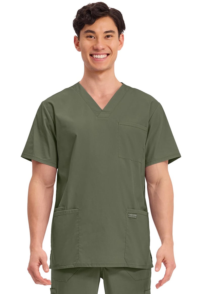 Cherokee Men's V-Neck Top Traditional fit with 4 Pockets, Ultra Soft, Durable, Fade Resistant, 2-Way Stretch Fabric - WW695, XS, Olive - Image 1
