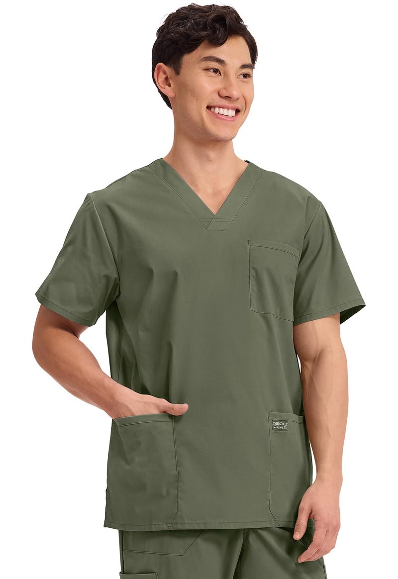 Cherokee Men's V-Neck Top Traditional fit with 4 Pockets, Ultra Soft, Durable, Fade Resistant, 2-Way Stretch Fabric - WW695, XS, Olive - Image 4