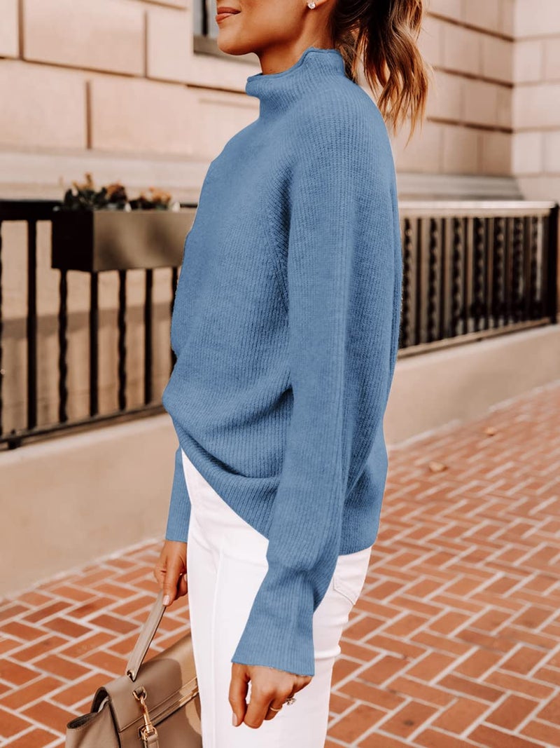 Yousify Womens Ribbed Mock Neck Batwing Sleeve Sweater Loose Knitted Pullover Sweaters Jumper Tops - Image 2