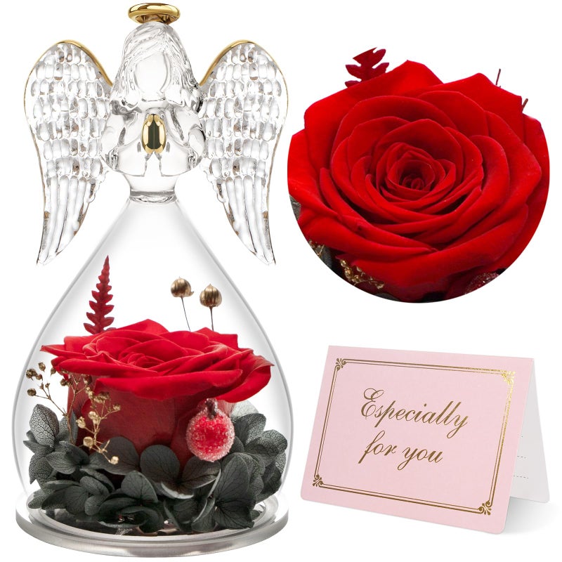 Yamonic Mom Birthday Gifts for Mom Angel Figurines with Real Rose Gifts for Her Mom GrandmaPreserved Flowers Rose Angel Figurines for Mothers Day Christmas Anniversary Birthday Gifts for Her Red