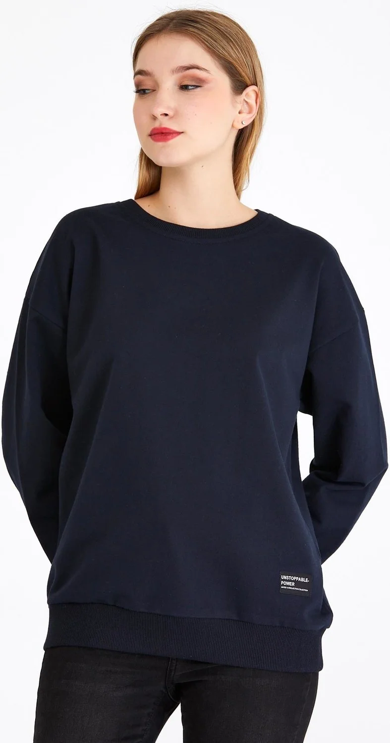 ميتاليك Women's Navy Blue Basic Crew Neck Sweatshirt