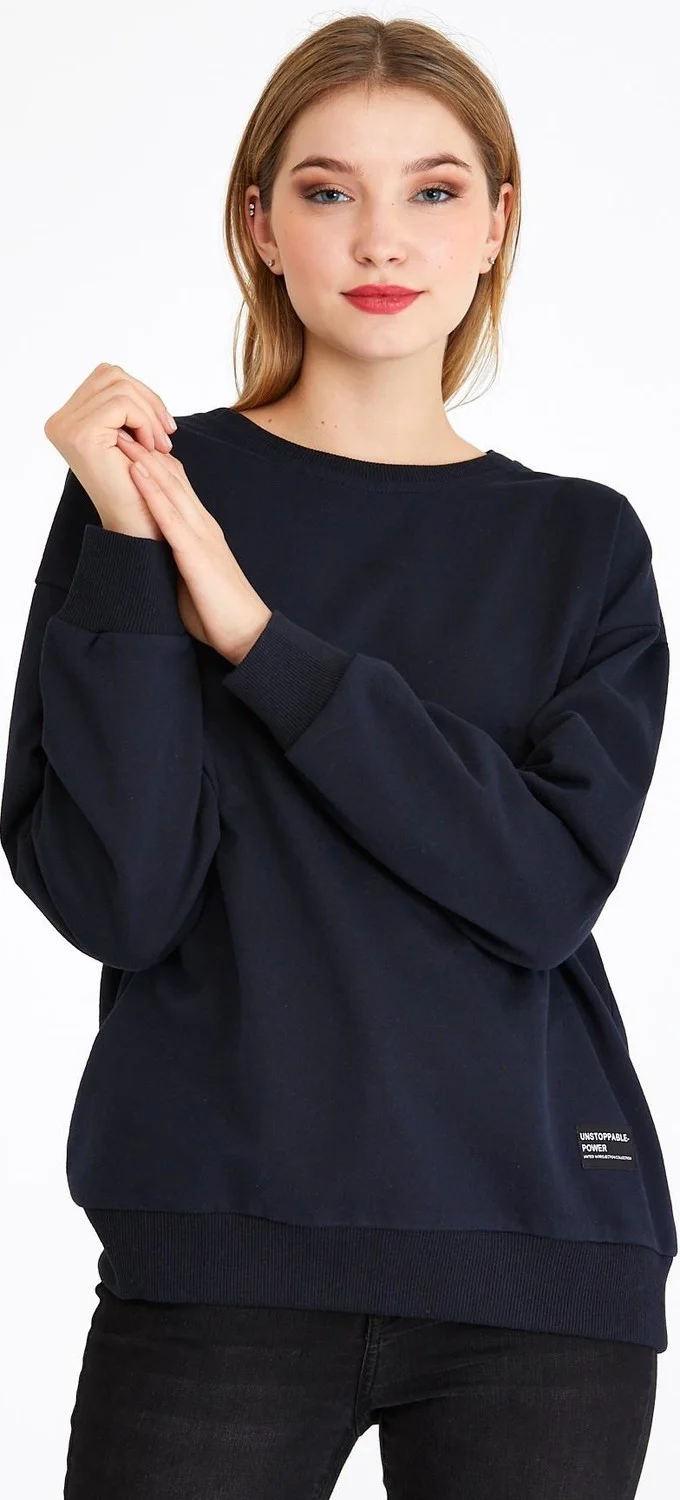 ميتاليك Women's Navy Blue Basic Crew Neck Sweatshirt