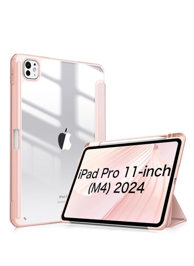 EVO Smart Case for iPad Pro 11 Inch 2024 M4 with Pencil Holder, Clear Back Slim Tri-fold Folio Stand Shell Tablet Cover for iPad Pro 11" 2024 5th Generation -Pink 