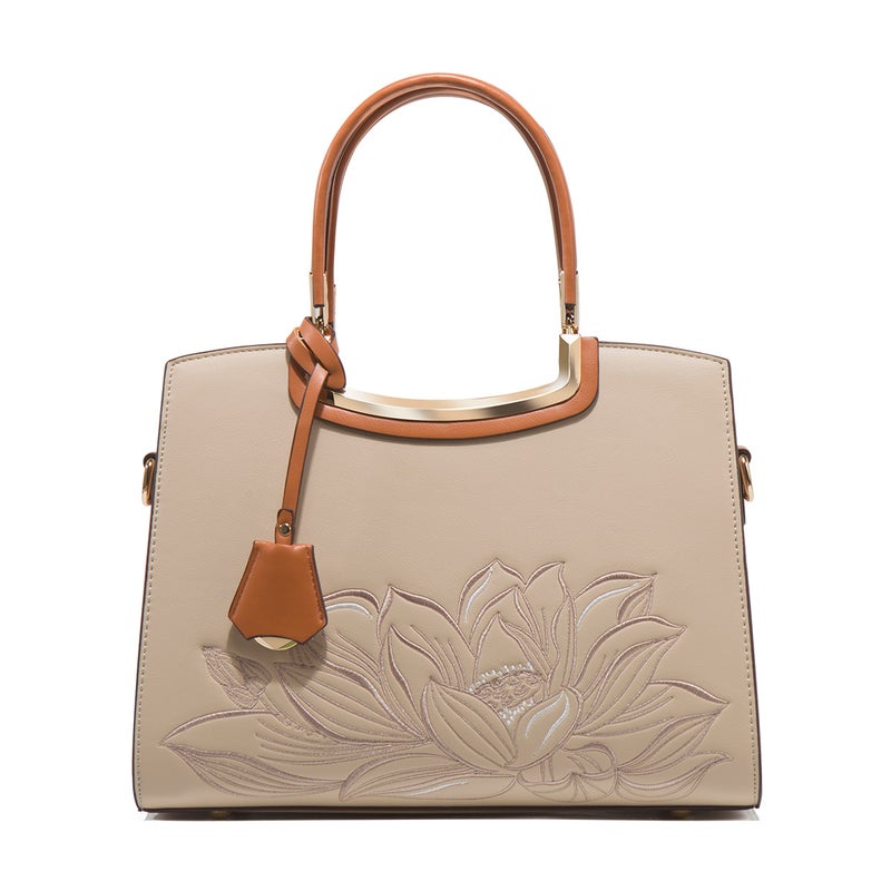 Mothers Day Gift Embroidered New Chinese-style Large-capacity Portable Womens Mothers Bag Atmospheric High-end Crossbody Womens Bag Lotus Brown with Apricot