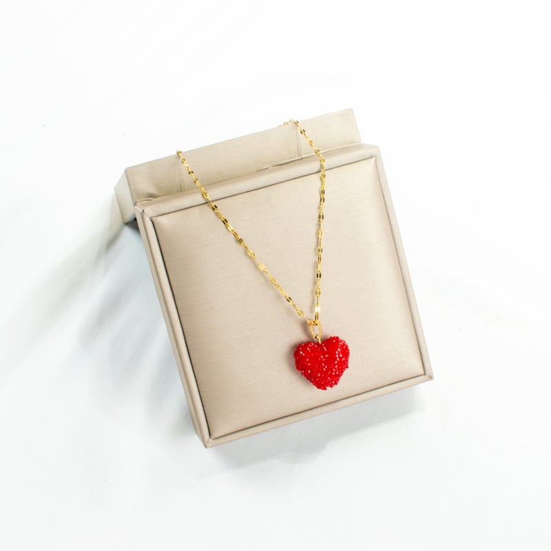Golden Zirconic Stainless Steel Red Heart Pendant Necklace