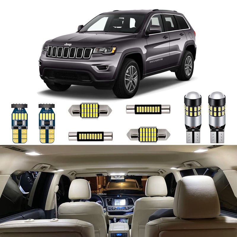 مجموعة أضواء LED داخلية بيضاء مكونة من 15 قطعة لجيب جراند شيروكي 2011 2012 2013 2014 2015 2016 2017 2018 2019 2020 فائقة السطوع 6000K مع أدوات التركيب