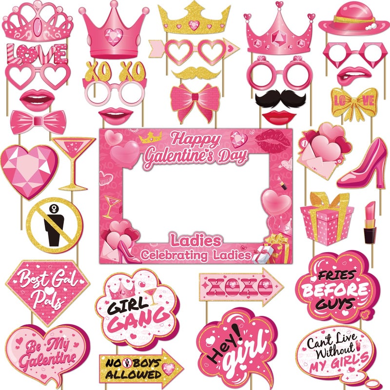 Biswiter 35 Pcs Galentines Photo Booth Props with Photo Frame, Galentines Day Photo Booth Props, Galentines Day Decorations Happy Galentines Day Decoration Be My Galentine Photo Props, Galentines Day for Party - Image 1