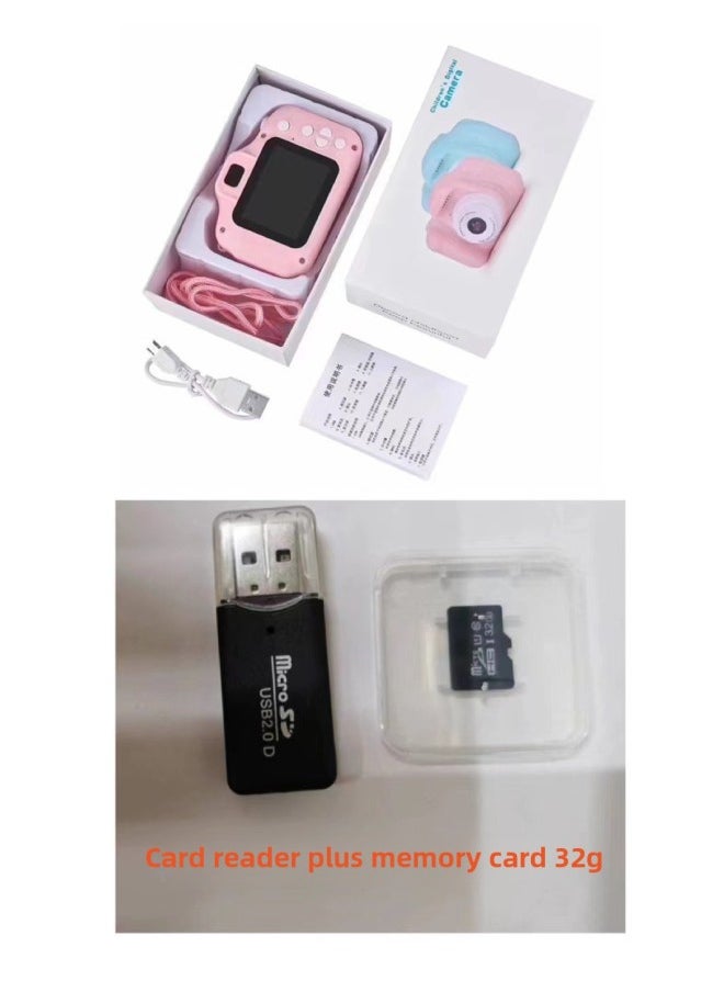 Cartoon Children's Camera Smart Mini Digital Photography X2 Kids Camera Birthday Gift Compact Digital Lcd Screen-Color:Pink List +32GB + Card Reader  - Image 1