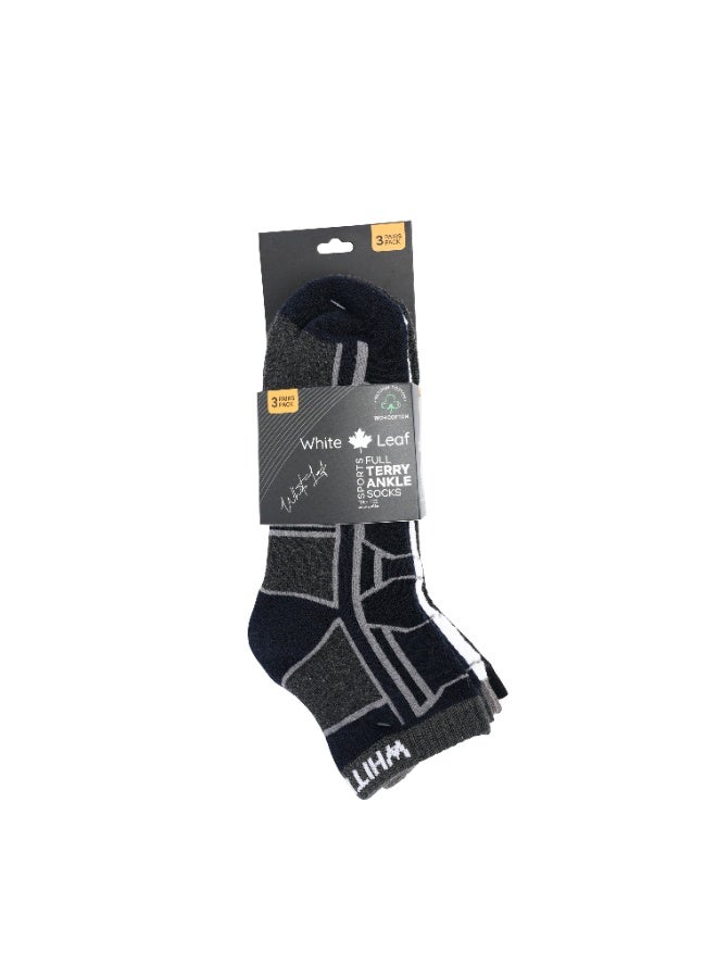 White Leaf 3 Pack Terry Ankle Socks - Blue, Gray and White - Image 5