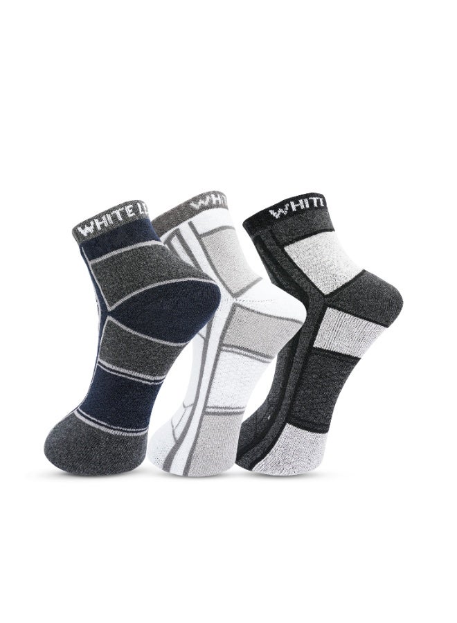 White Leaf 3 Pack Terry Ankle Socks - Blue, Gray and White - Image 1